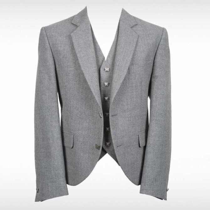 Grey Wool Argyle Kilt Jacket With Waistcoat